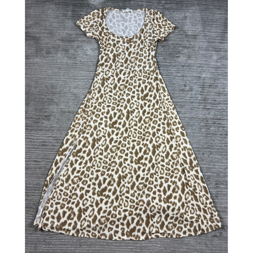Jessica Simpson Maxi Dress Womens M Brown Leopard Print Ribbed Knit Side Slit